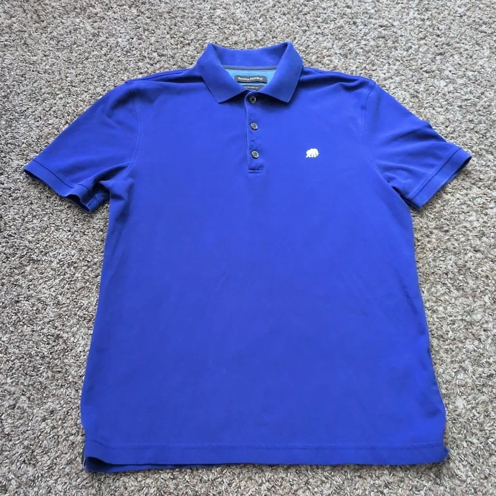 Banana Republic Pique Polo Shirt Blue‎ Elephant Logo Cotton Casual Mens Small